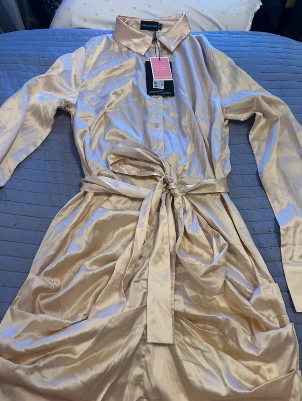 Portmans Champagne Satin Tie-Waist Long Sleeve Shirt Dress